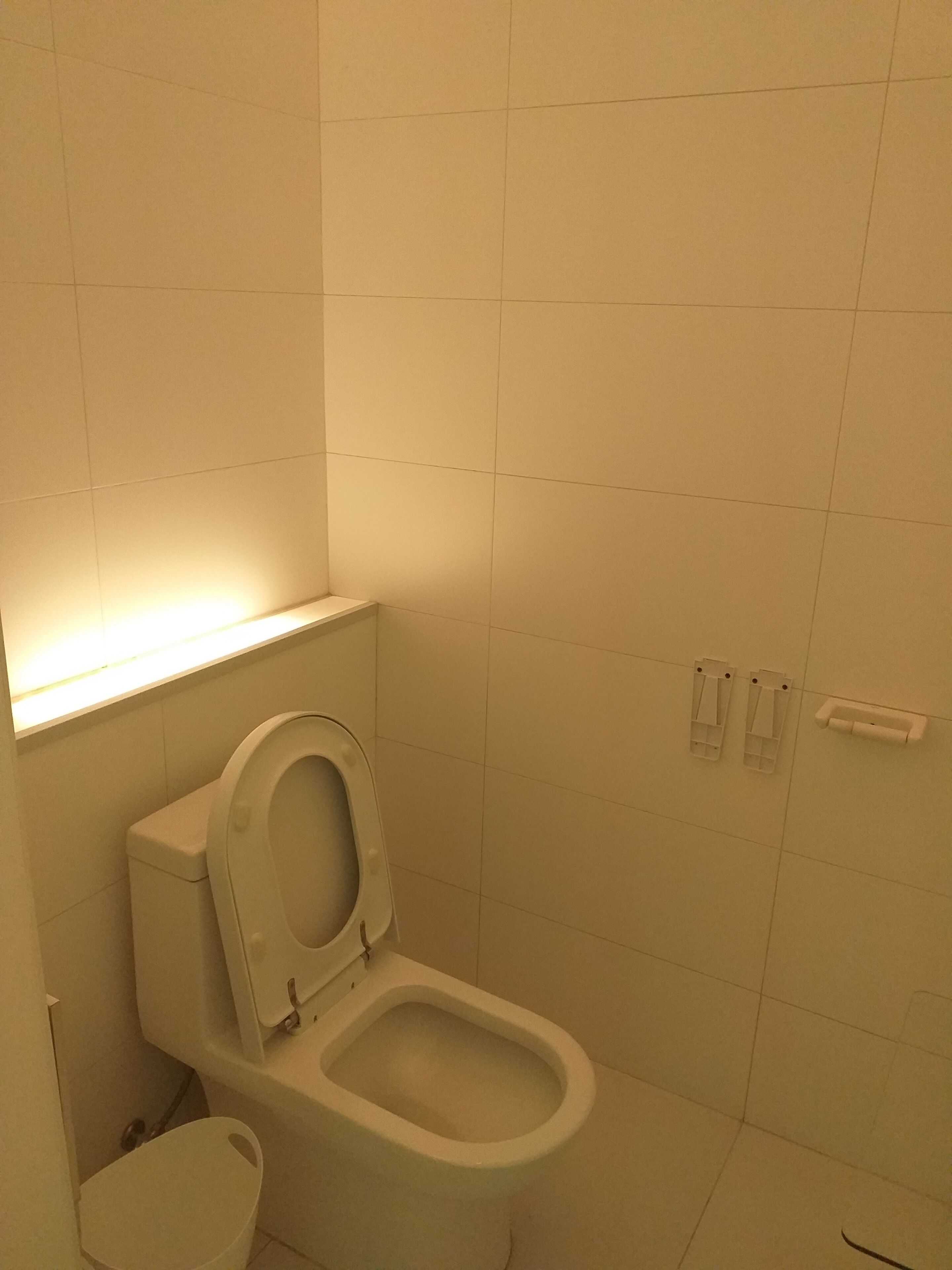 Un inodoro blanco estándar con asiento elevado y accionador de descarga en la pared.