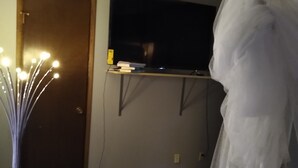 Een kamer met een bed, een televisie op een standaard, een deur en een vloerlamp.