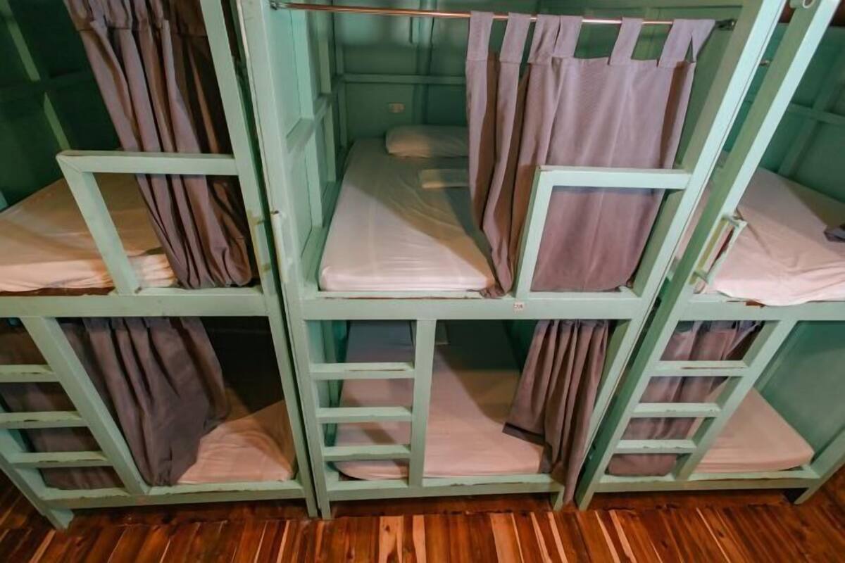 Bunk beds with curtains, wooden flooring, and a green wall.