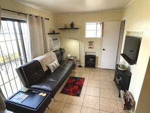 Smart TV, fireplace, books, stereo