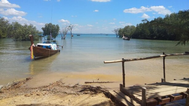 Un río tranquilo con barcos, un muelle de madera y una zona boscosa.