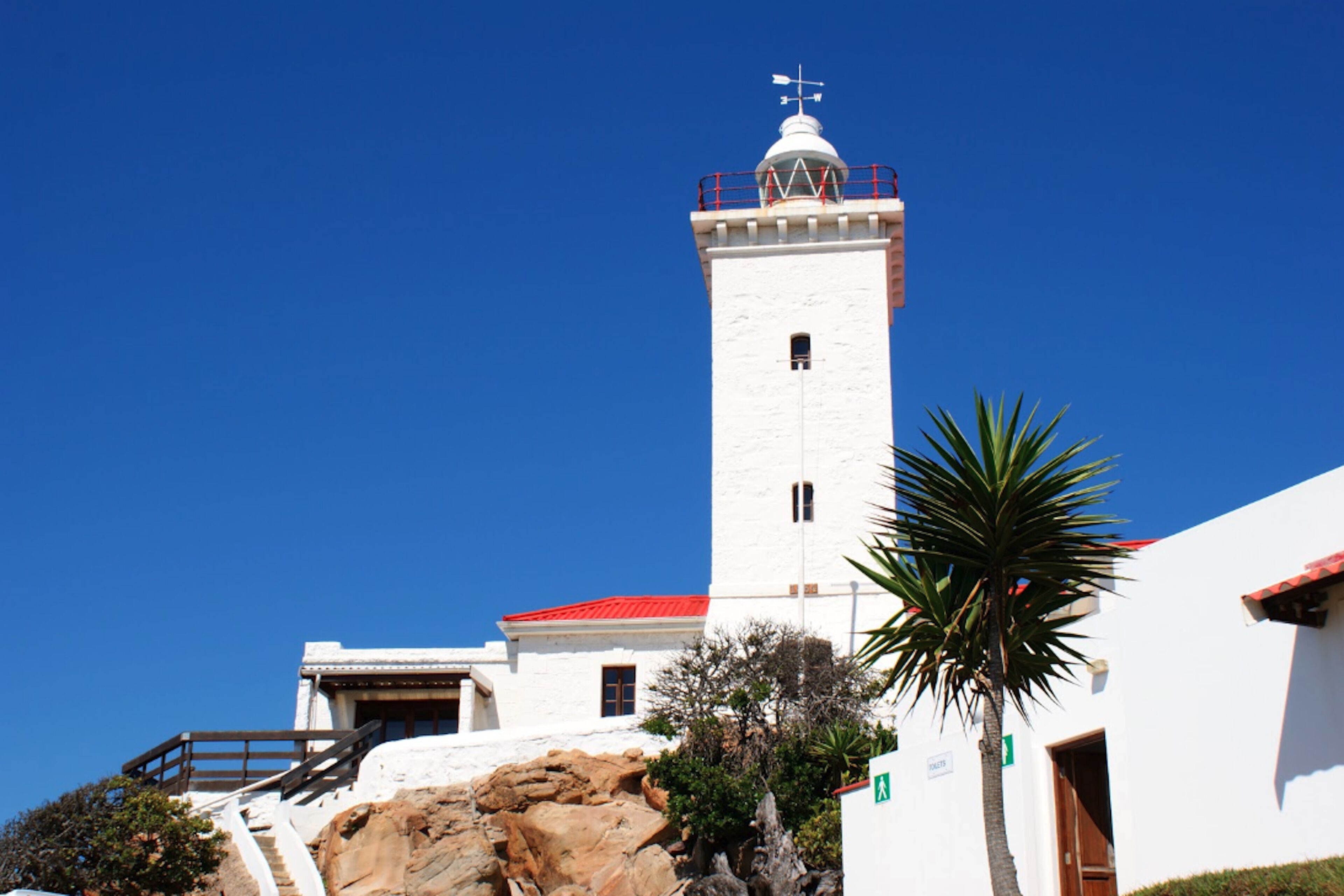 Un phare blanc avec un toit rouge, un escalier menant à un bâtiment, et un palmier au premier plan.