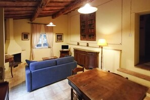 A cozy living room with a blue sofa, wooden dining table, and a fireplace.