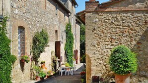 A narrow alleyway with stone buildings, potted plants, and a table with chairs. - Charming House in Tuscany with Pool & Views (Sovicille)