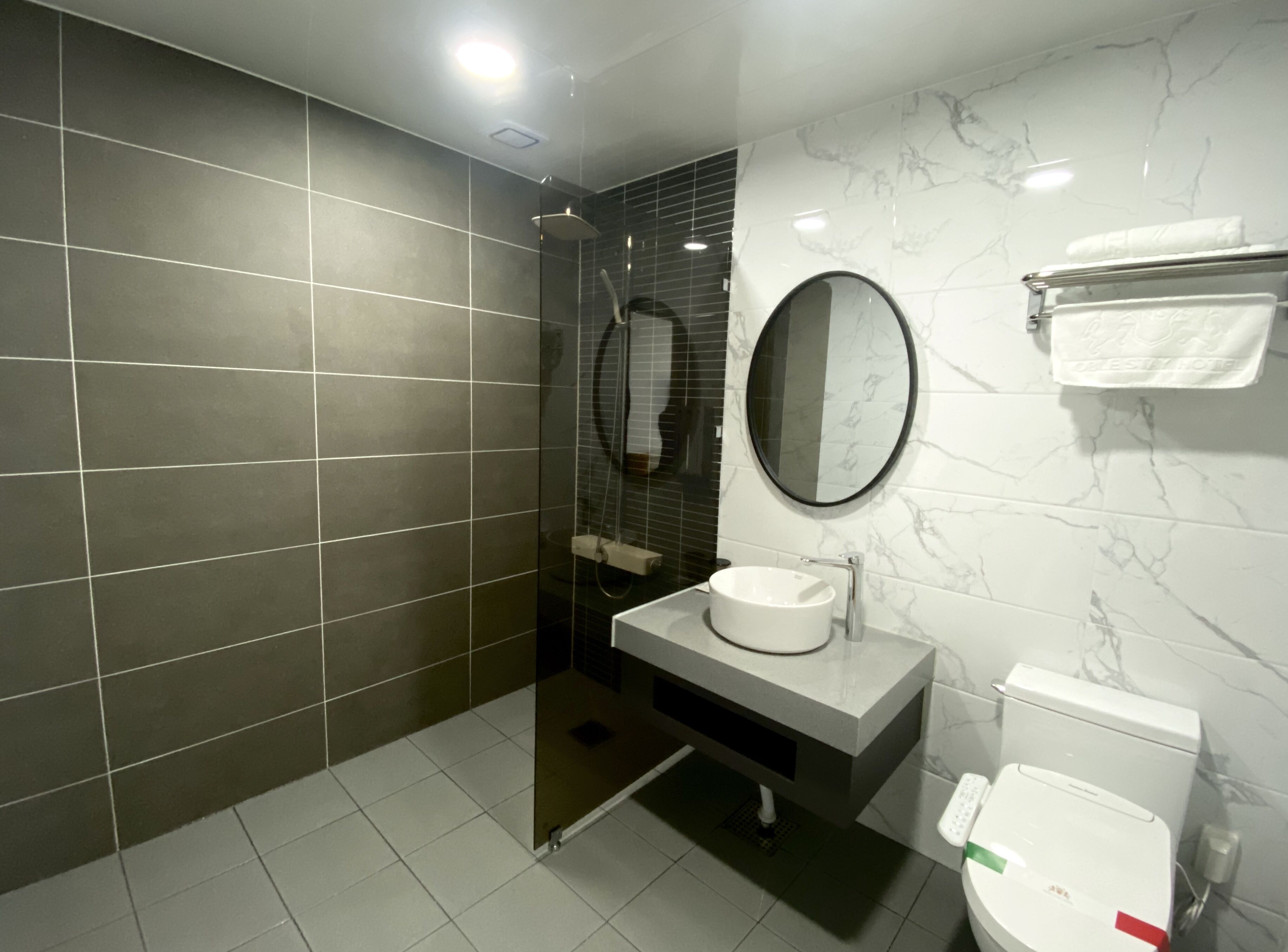 shower, hair dryer, bathrobes, slippers