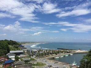 Un pueblo costero con un puerto deportivo, playa y edificios residenciales.