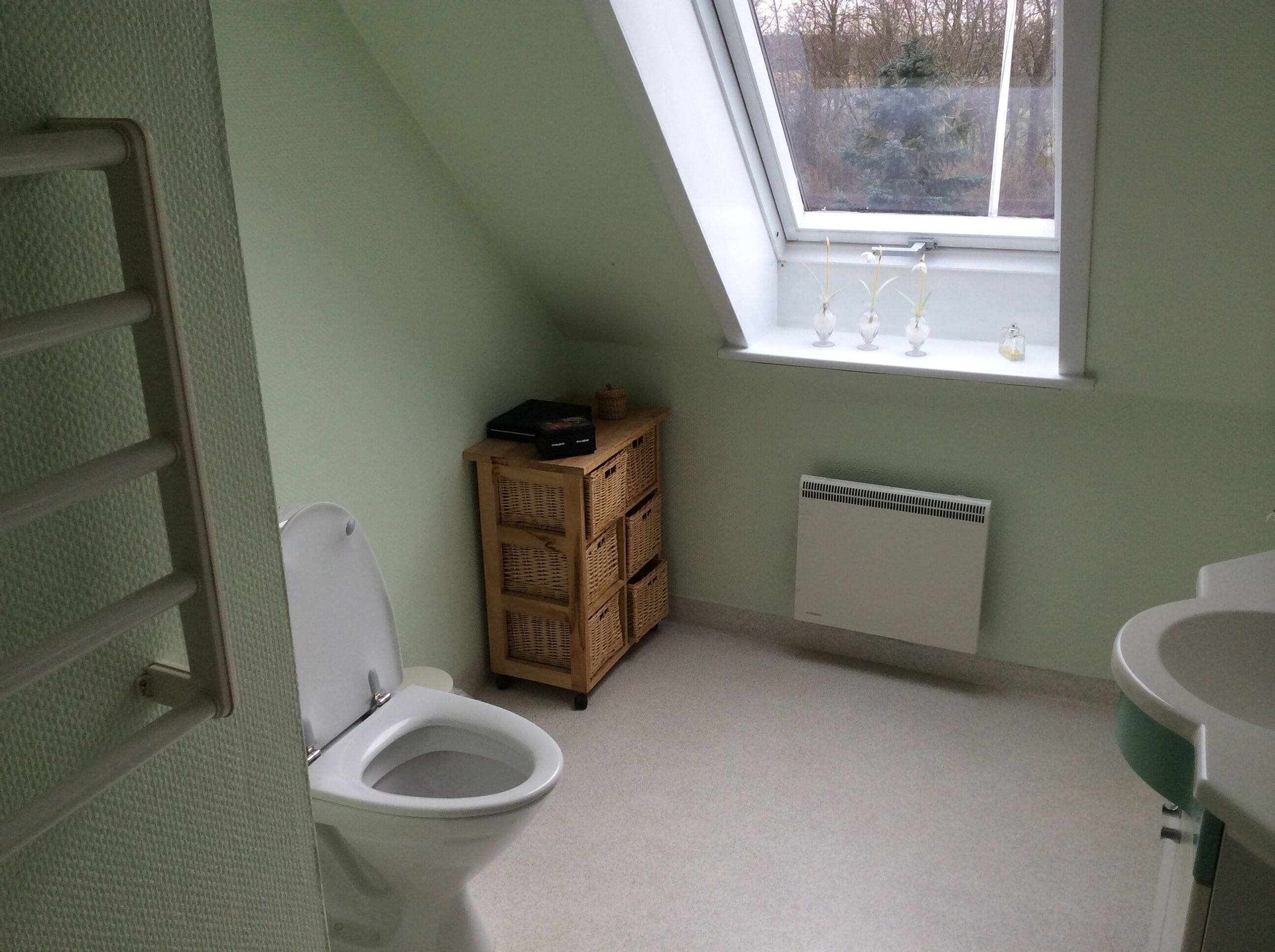 Et lille, godt oplyst badeværelse med ovenlys, toilet, radiator og et træskab.