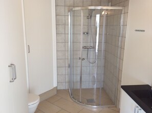 A modern bathroom with a glass-enclosed shower, a toilet, and a black countertop. - Klitgarden (Henne)