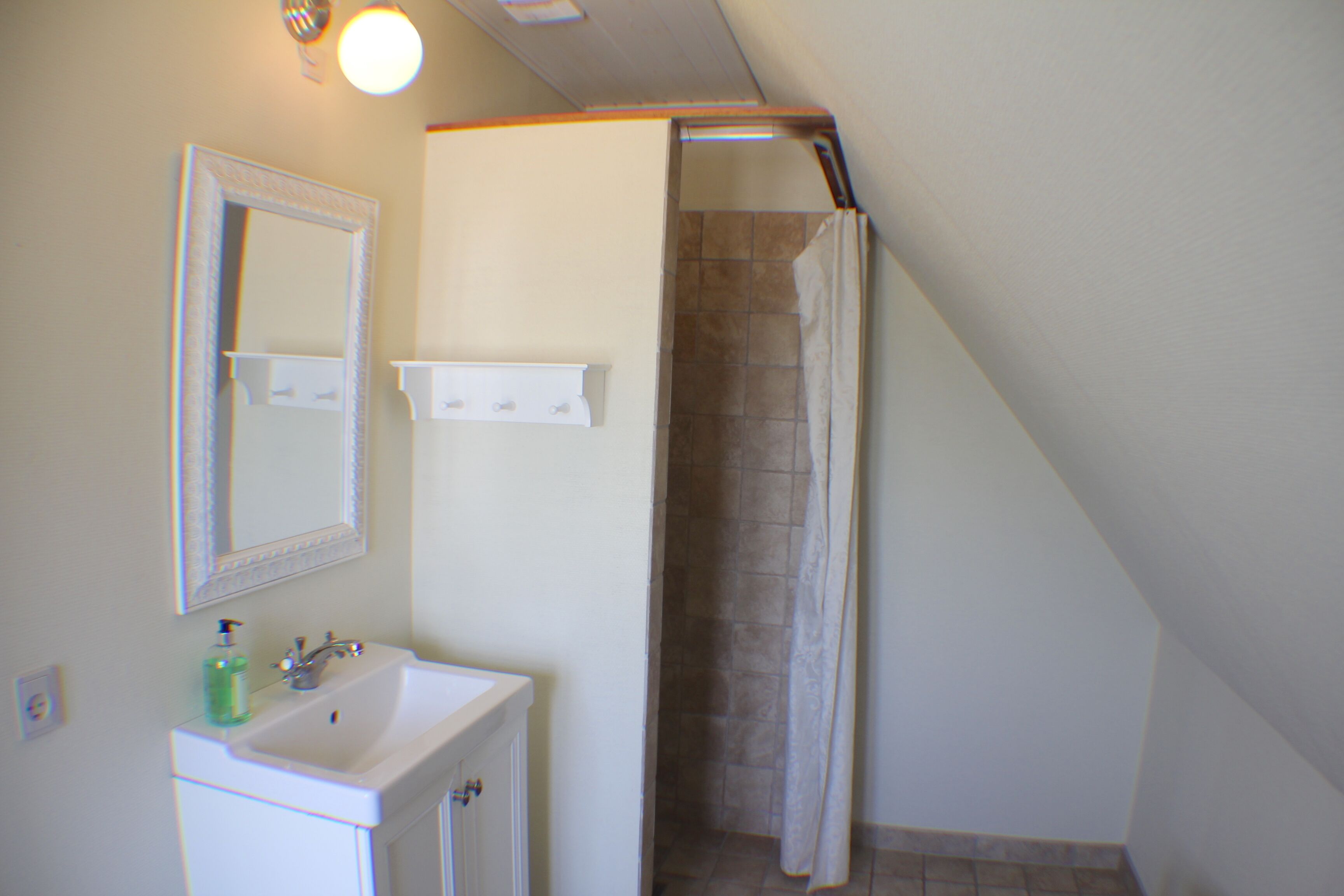 A bathroom with a sink, mirror, and shower curtain.