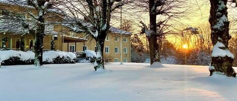A snow-covered landscape with bare trees and a building in the background.