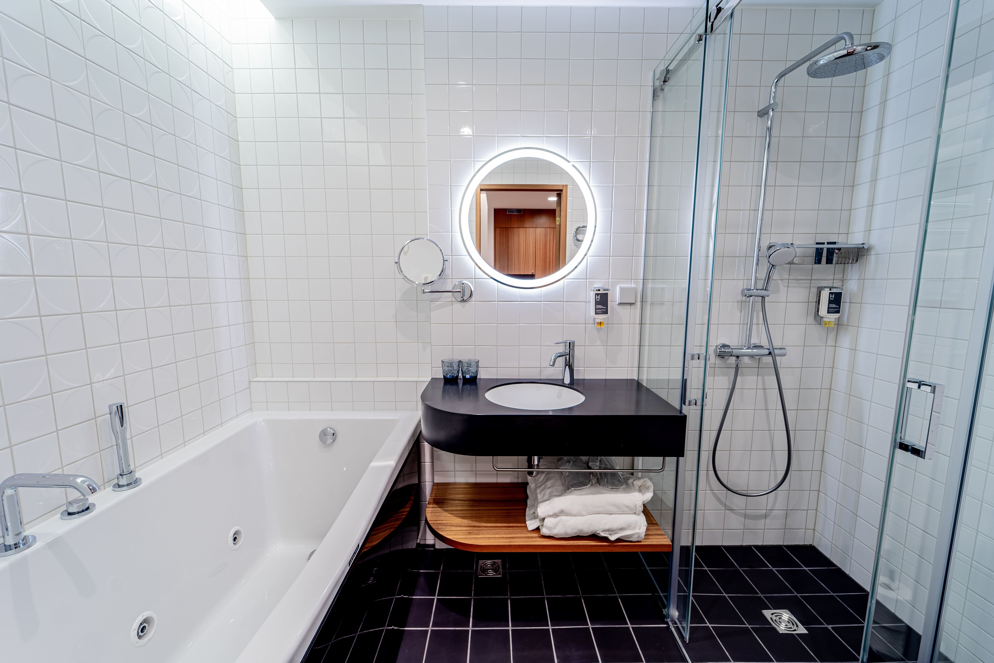 shower, hair dryer, bathrobes, slippers