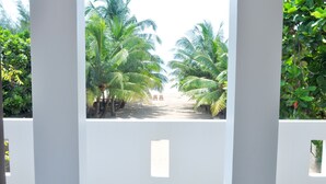 Un sendero bordeado de palmeras que conduce a una playa, visto a través de una estructura blanca con ventanas pequeñas.