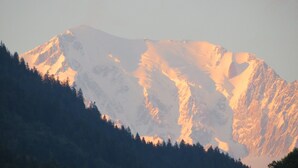 Lumihuippuisia vuorenhuippuja ja niiden edessä metsäinen maisema.