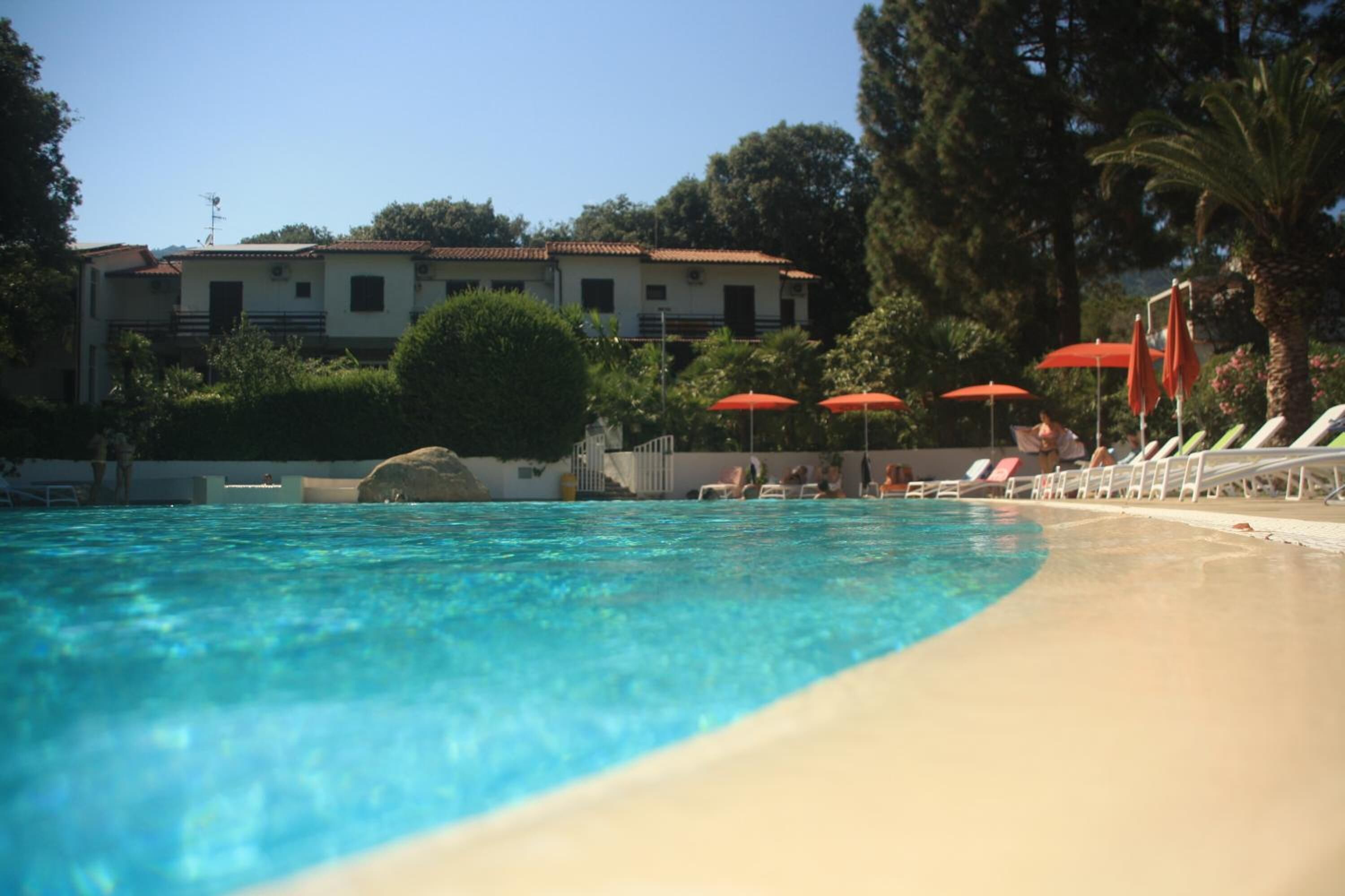 Una piscina con sillas de descanso y sombrillas, rodeada de vegetación y un edificio al fondo.