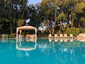 Una piscina con sillas de descanso y una sombrilla.