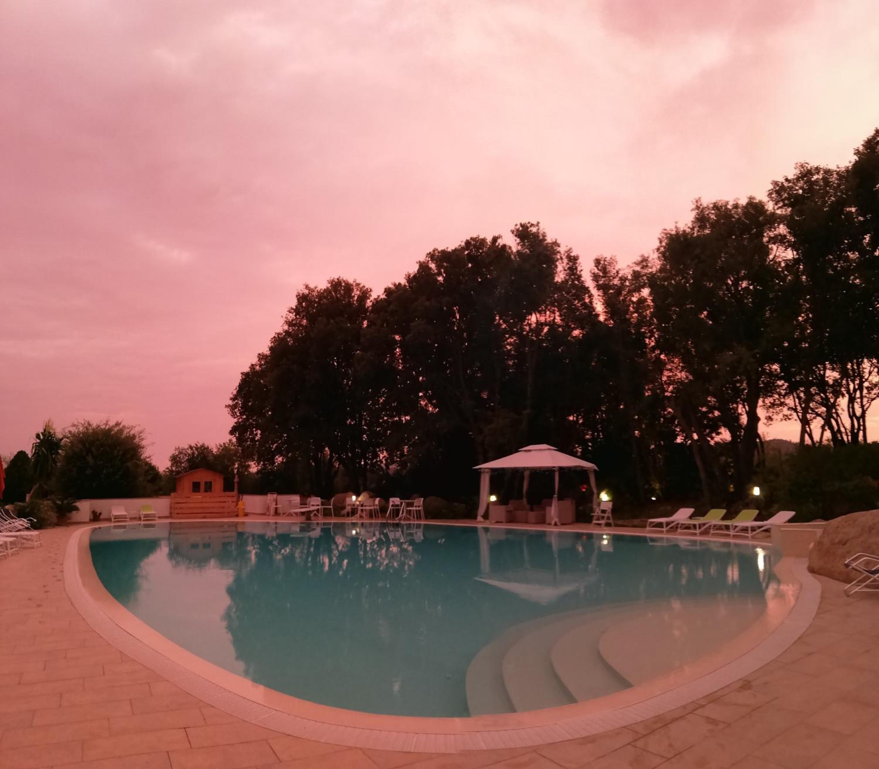 A swimming pool with lounge chairs and a gazebo, surrounded by trees and a brick patio.