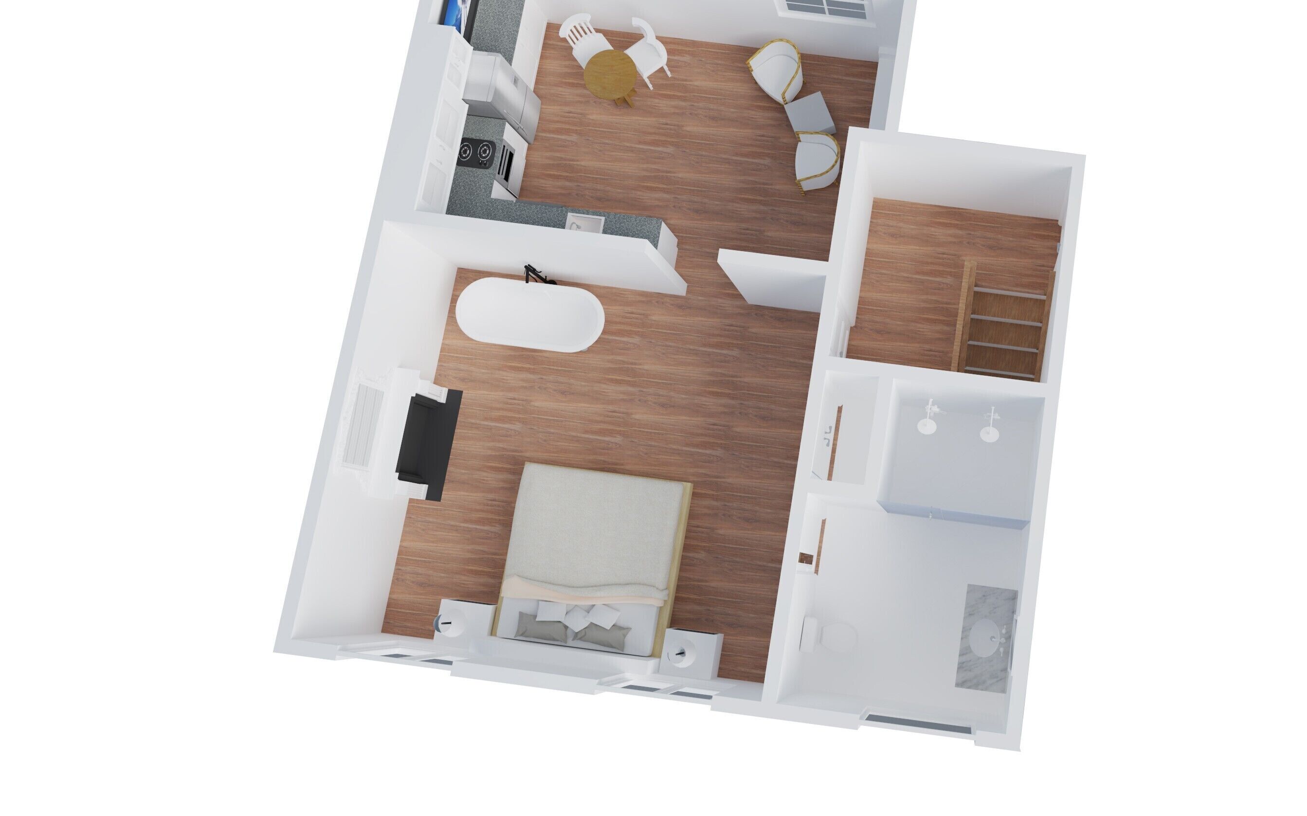 A 2-bedroom apartment layout with a living area, kitchen, and a small balcony.