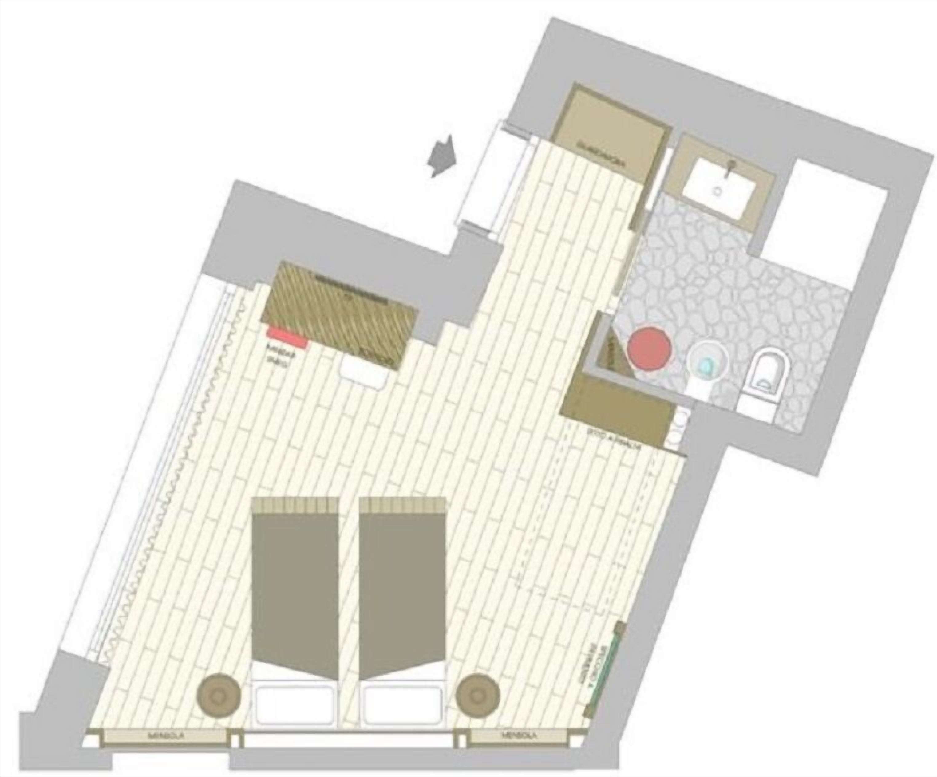 Un plan d’étage d’hôtel comprenant un couloir central, deux chambres, une salle de bain et un petit coin salon.