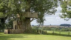 Une cabane perchée dans un grand arbre, accessible par une échelle.