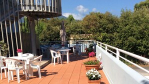 A terrace with outdoor seating, potted plants, and a view of the surrounding greenery.