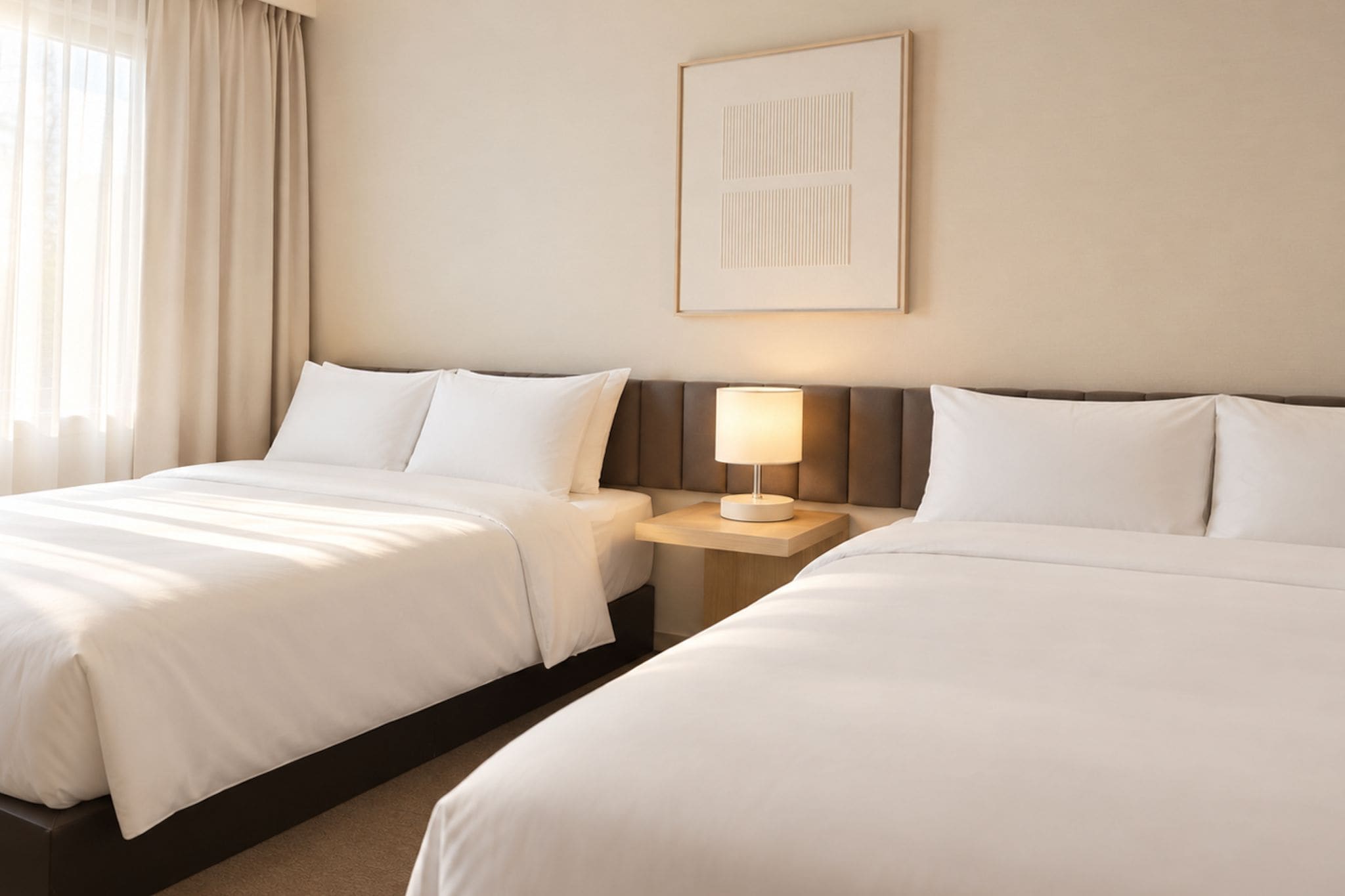 A hotel room with two beds, a nightstand, and a wall-mounted lamp.