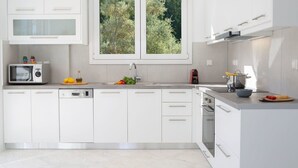 A modern kitchen with white cabinetry, a built-in microwave, a sink, and a stove. - Villa Anticlea (Lefkada)