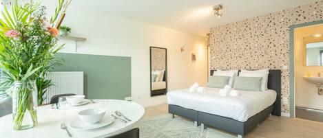 1 bedroom, desk, iron/ironing board, travel cot