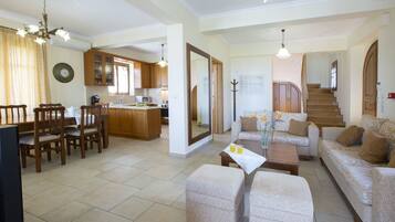 Luxury Villa, 3 Bedrooms, Private Pool, Sea View | Living area | Flat-screen TV, fireplace, DVD player