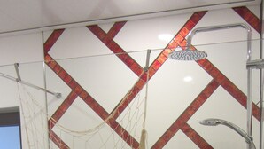 Une salle de bain avec une douche, un lavabo et un filet décoratif orné de coquillages.