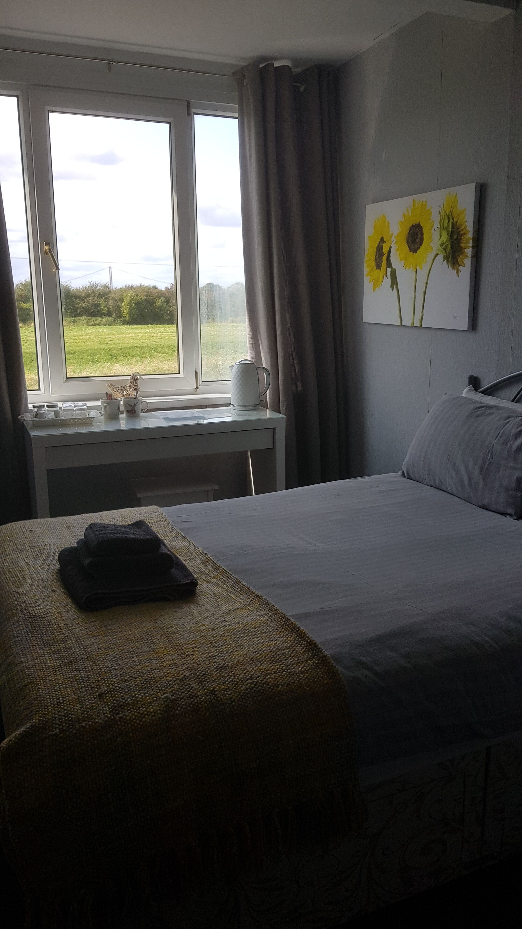 A bedroom with a bed, a desk with a kettle, a painting of sunflowers, and a view of the outdoors.