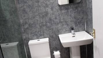 A bathroom with a toilet, sink, and a mirror.