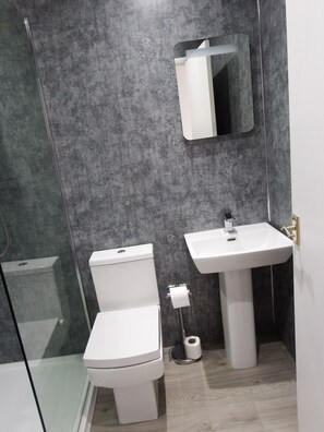A bathroom with a toilet, sink, and a mirror. - The Haven Inn (Barrow upon Humber)