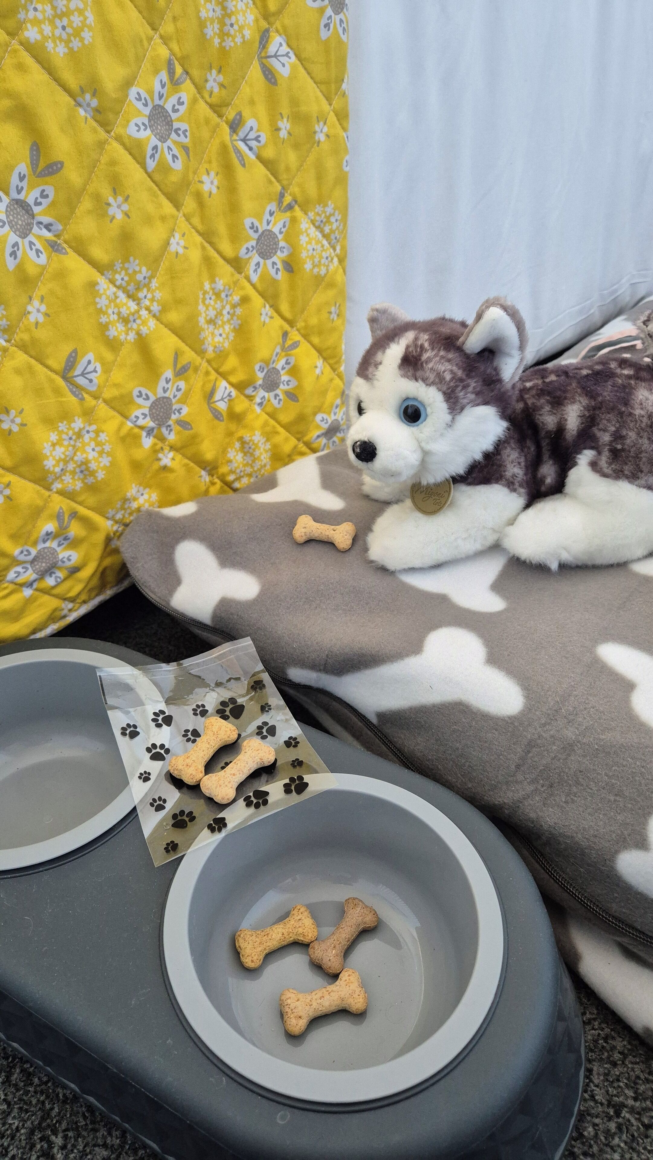 A dog bed with bone-shaped treats, a water bowl, and a food bowl on a gray tray.