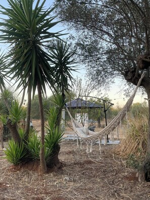 Una hamaca bajo un árbol, rodeada de plantas y una estructura cubierta.