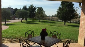 A patio with a table and chairs, a potted plant, and a view of a grassy area with trees and a fence.