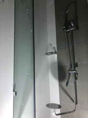 Douche, séchoir à cheveux, serviettes fournies, savon