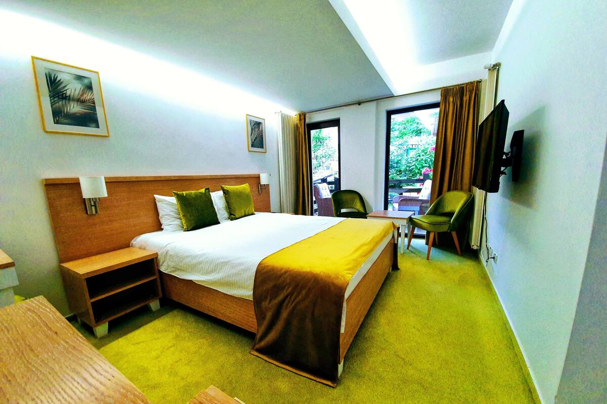 A hotel room with a large bed, a desk, a chair, and a TV.