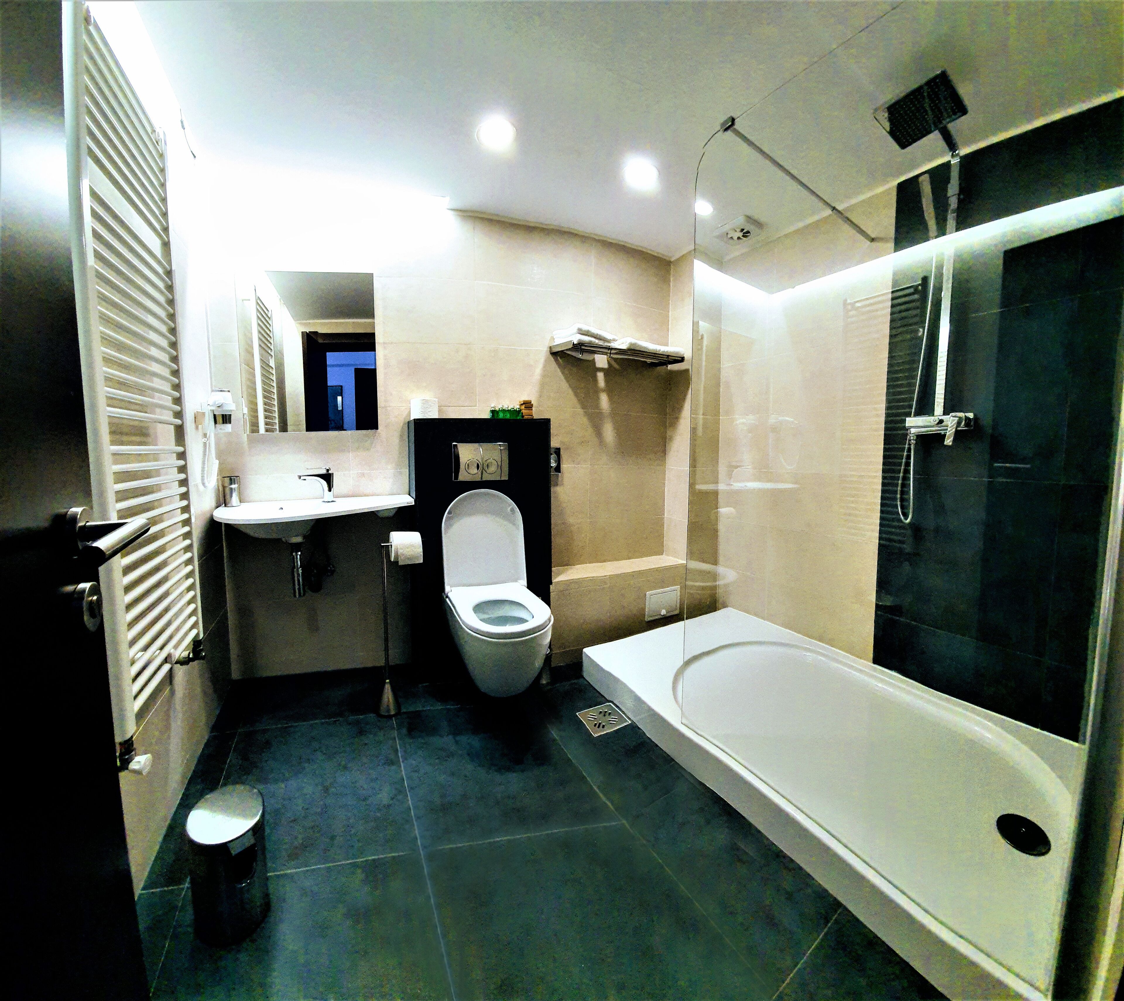 A modern bathroom with a toilet, sink, and a walk-in shower.