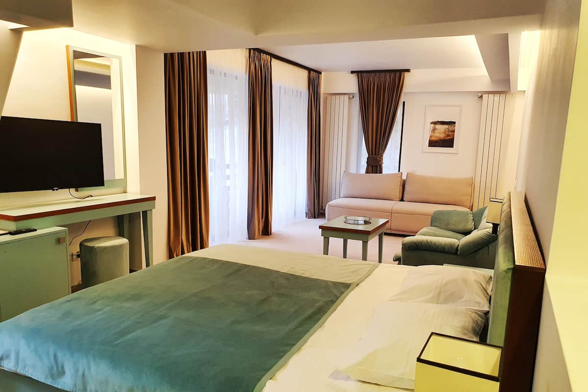 A hotel room with a bed, a sofa, a TV, and a small table.