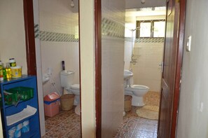 Shower, rainfall showerhead, towels, toilet paper