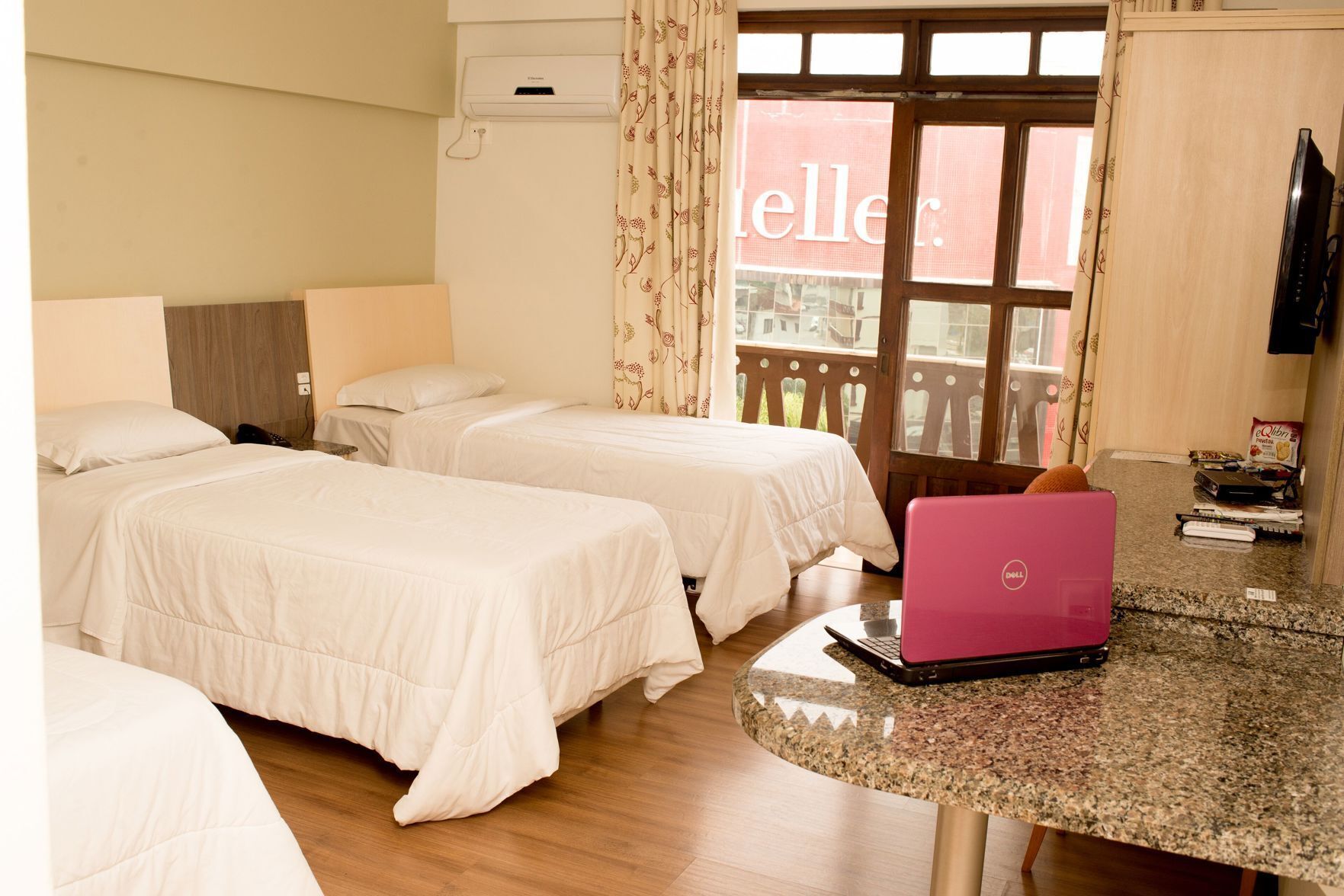 Minibar, desk, laptop workspace, blackout curtains