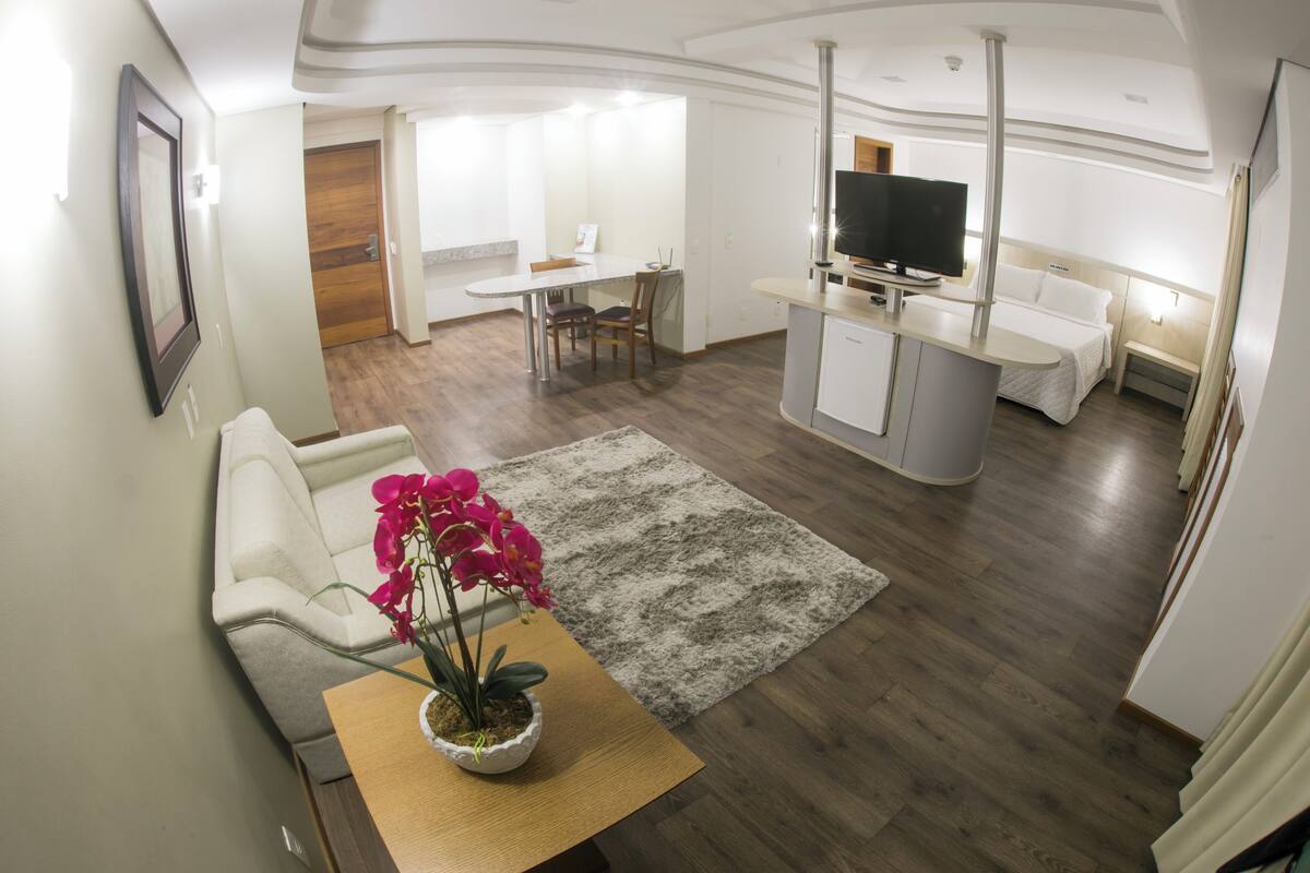 A modern living room with a sofa, a coffee table with a potted plant, a TV, a dining area with a table and chairs, and a kitchen area with a counter and cabinets.