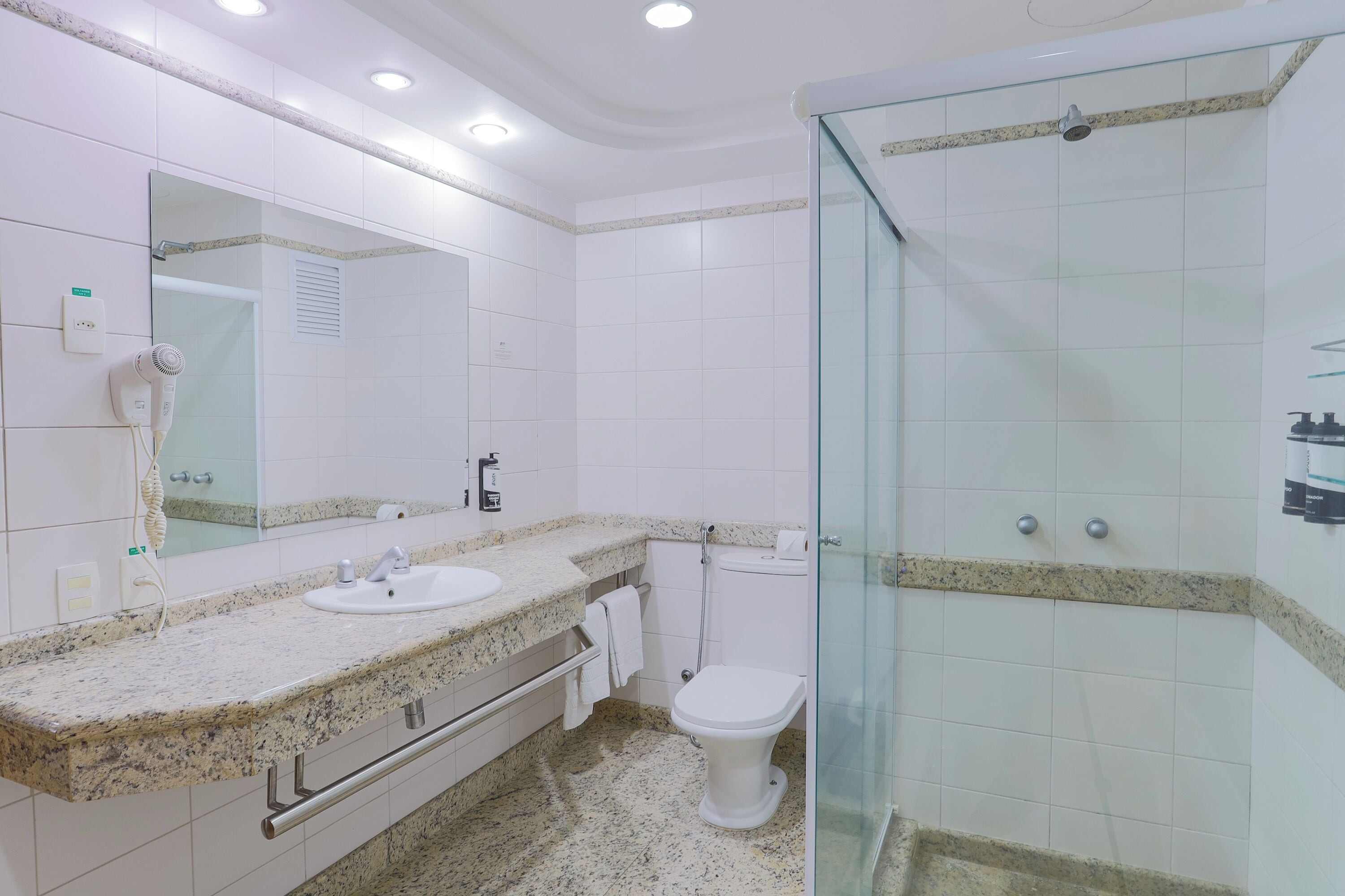 A modern bathroom with a granite countertop, a large mirror, a white toilet, and a glass-enclosed shower area.