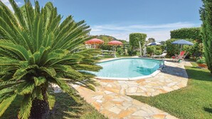 Una piscina rodeada de baldosas de piedra, con palmeras y sombrillas al fondo.