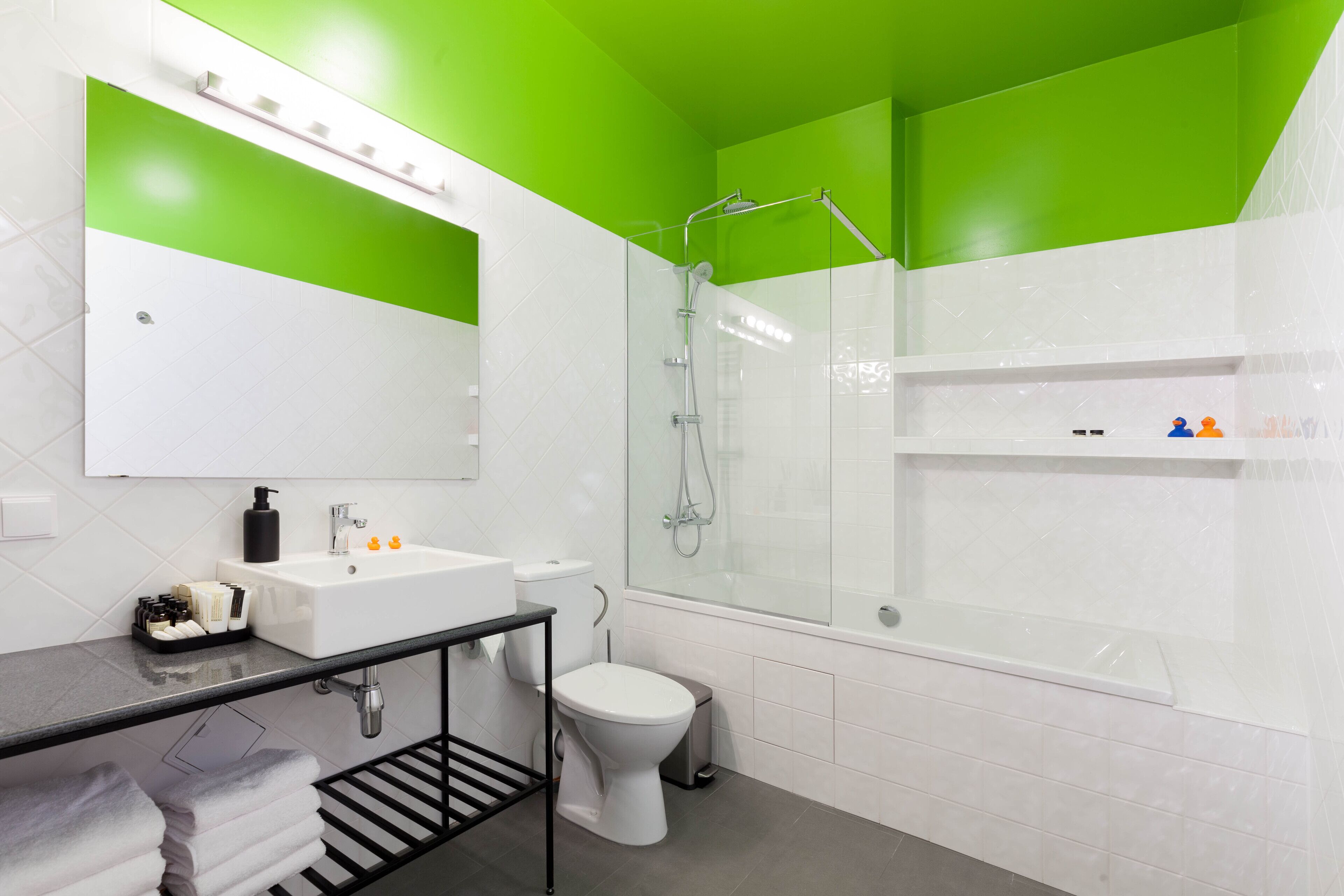 shower, bathrobes, slippers, towels