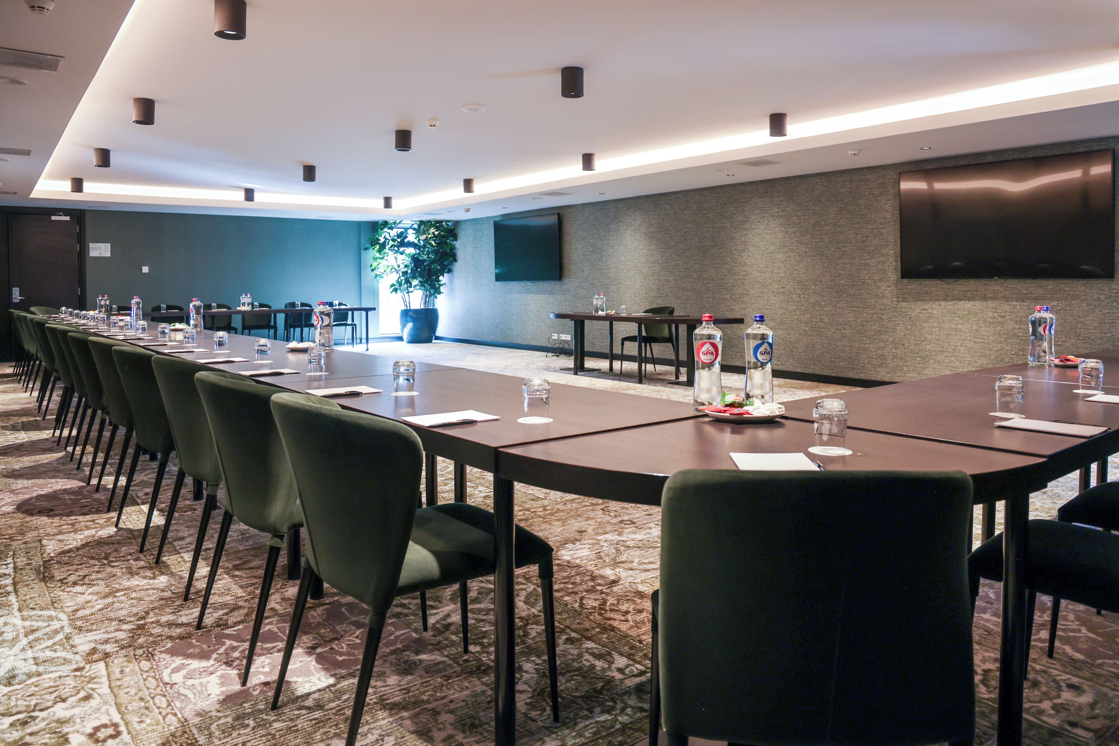 A conference room with a long table, chairs, water bottles, and a potted plant.