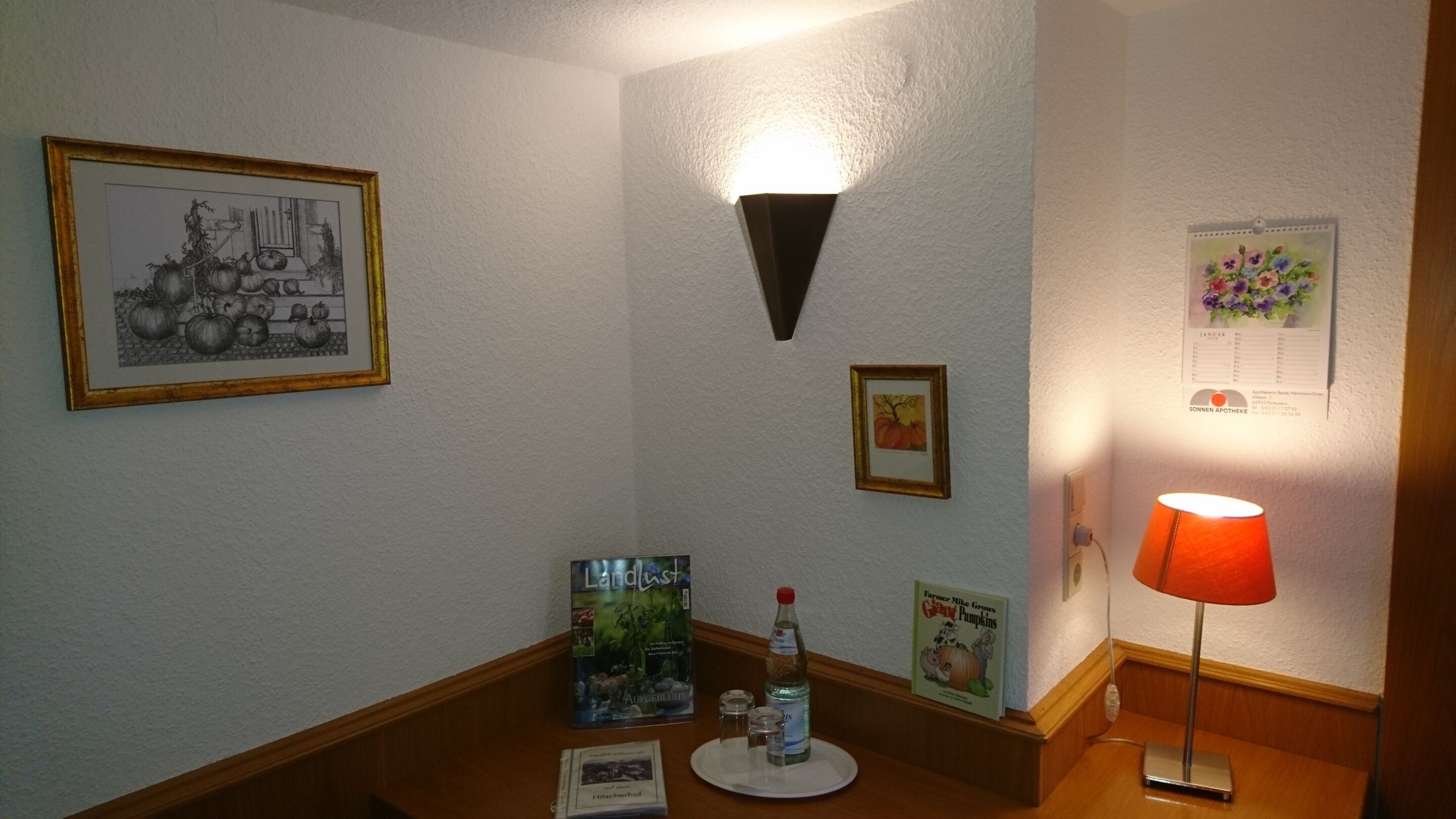 A hallway with a framed picture of pumpkins, a wall-mounted light, a small table with a bottle and a book, and a lamp.