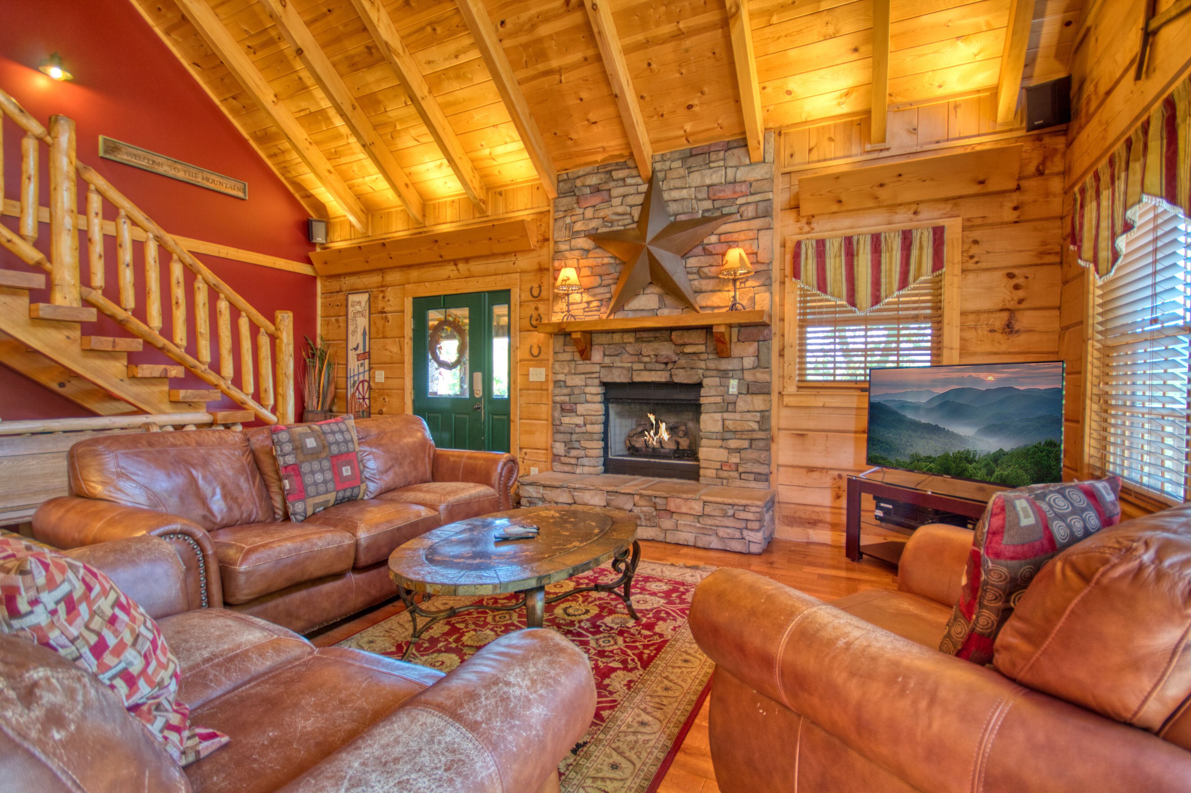 42-inch TV with cable channels, fireplace