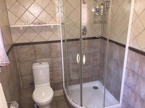 Une salle de bain comprenant des toilettes, une douche à parois de verre et une étagère au-dessus des toilettes.