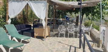 PISCINA CON TUMBONAS , MOBILIARIO DE JARDIN Y BARBACOA.